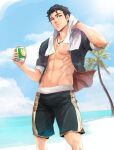  1boy abs artist_name beach black_hair can commission commissioner_upload fire_emblem fire_emblem:_thracia_776 fire_emblem_heroes highres jewelry necklace palm_tree reinhardt_(fire_emblem) solo spykeee towel tree twitter_username 