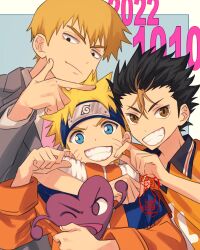  ache_jiao_ache black_hair blonde_hair blue_eyes blue_headband brown_eyes brown_hair character_request cheek_pinching crossover dated forehead_protector grey_jacket grey_suit grin haikyuu!! headband highres jacket konohagakure_symbol mob_psycho_100 multicolored_hair multiple_crossover naruto_(classic) naruto_(series) necktie nishinoya_yuu orange_hair orange_shirt pinching pink_necktie polo_shirt reigen_arataka shirt signature smile sportswear streaked_hair suit two-tone_hair uzumaki_naruto volleyball_uniform 