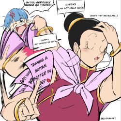  2girls adjusting_hair afterimage anger_vein artist_name black_hair blue_hair bulma chi-chi_(dragon_ball) chinese_clothes closed_eyes commentary dragon_ball dragon_ball_super dragon_ball_z duel english_commentary hand_in_own_hair hand_on_own_head highres hitting mature_female meme multiple_girls naoya_hitting_choso_without_looking_(meme) parody scene_reference simple_background susha_(elidubsart) white_background 