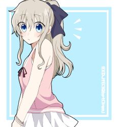  1girl bead_bracelet beads black_bow blue_background blue_eyes blush border bow bracelet casual charlotte_(anime) closed_mouth commentary cowboy_shot downturned_eyes eyes_visible_through_hair frown grey_hair hair_between_eyes hair_bow highres huge_bow jewelry long_hair looking_at_viewer miniskirt notice_lines official_alternate_costume official_alternate_hairstyle outside_border pink_shirt pleated_skirt ponytail shirt sidelocks simple_background skirt sleeveless sleeveless_shirt solo tomori_nao twitter_username wavy_hair white_border white_skirt xdjf63qbpt0iqmj 