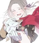  1girl ^_^ ^o^ ascot black_jacket blonde_hair blush cape closed_eyes commentary edelgard_von_hresvelg facing_viewer fire_emblem fire_emblem:_three_houses garreg_mach_monastery_uniform gemtaku gloves hair_ribbon hand_up highres holding_hands jacket long_hair long_sleeves open_mouth out_of_frame pov pov_hands red_cape ribbon simple_background smile solo_focus symbol-only_commentary upper_body white_ascot white_background white_gloves 
