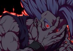  1boy aura black_background dragon_ball dragon_ball_super dragon_ball_super_super_hero glowing glowing_eyes gohan_beast grey_hair hand_on_own_face highres long_hair male_focus muscular muscular_male red_eyes simple_background solo son_gohan son_gohan_love upper_body veins 