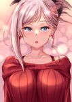  1girl asymmetrical_hair bangs blue_eyes breasts collarbone earrings fate/grand_order fate_(series) folded_ponytail hair_ornament highres hikaru_310 jewelry large_breasts long_hair miyamoto_musashi_(fate) off-shoulder_sweater off_shoulder pink_hair red_sweater solo sweater swept_bangs upper_body 