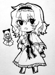  1girl alice_margatroid book capelet chibi chibi_only chinese_commentary commentary_request doll dress frilled_hairband frilled_sash frills greyscale grimoire grimoire_of_alice hairband highres hitte5416 lolita_hairband looking_at_viewer monochrome open_mouth sash shanghai_doll smile solo touhou wrist_cuffs 