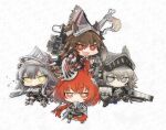  4girls :d animal_ears arknights armor armored_boots ashlock_(arknights) bangs black_shorts boots brown_eyes brown_hair chibi closed_mouth commentary_request fartooth_(arknights) flametail_(arknights) gauntlets grey_background grey_eyes grey_hair hair_between_eyes multiple_girls red_eyes redhead satou_(terzoterzo) shield shorts smile squirrel_ears squirrel_girl squirrel_tail tail teeth upper_teeth v-shaped_eyebrows visor_(armor) wild_mane_(arknights) yellow_eyes 