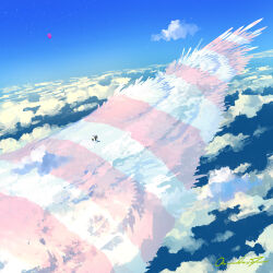 1other above_clouds ambiguous_gender animal animal_focus balloon bird blue_sky clouds commentary_request day feathered_wings highres horizon katou_oswaldo original outdoors oversized_animal scenery signature sky star_(sky) very_wide_shot wings 