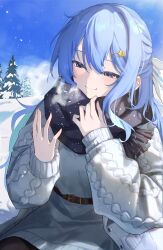  1girl absurdres agoberos bare_tree belt black_scarf blue_eyes blue_hair brown_belt cardigan closed_mouth colored_inner_hair commentary_request day double-parted_bangs dress grey_cardigan grey_dress hair_between_eyes hair_ribbon highres hololive hoshimachi_suisei long_hair multicolored_hair open_cardigan open_clothes outdoors ribbon scarf sitting smile snow snowing solo star_(symbol) star_in_eye symbol_in_eye tree upper_body virtual_youtuber white_ribbon winter 