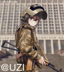 1993_russian_constitutional_crisis 1girl aks-74 altyn_helmet artist_name assault_rifle brown_hair camouflage combat_helmet commentary english_commentary glasses grey_eyes gun gun_sling helmet highres holding holding_gun holding_weapon kalashnikov_rifle laitumidane load_bearing_vest looking_at_viewer original rifle russian_white_house solo weapon