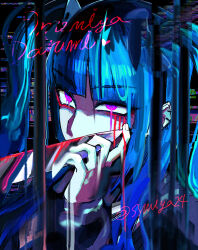  1girl amemiya_darumi black_hair blood blood_on_knife blue_hair blunt_bangs bow character_name commentary_request covered_mouth distortion earrings hair_bow holding holding_knife jewelry knife long_hair melting multicolored_hair multiple_earrings multiple_hair_bows pink_eyes portrait solo the_hundred_line_-last_defense_academy- twitter_username two-tone_hair two_side_up zhu_gong 