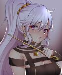  1340smile 1girl blush commission commissioner_upload cosplay costume_switch fire_emblem fire_emblem:_genealogy_of_the_holy_war fire_emblem_heroes hair_ornament highres ishtar_(fire_emblem) jewelry open_mouth purple_hair spy_x_family upper_body violet_eyes weapon yor_briar 