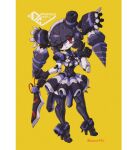  1girl breasts cable drill head_tilt high_heels holding holding_knife humanoid_robot knife kuruton486 looking_to_the_side medium_breasts one_eye_covered original red_eyes science_fiction solo standing twitter_username yellow_background 