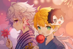  2boys aged_down arthur_pendragon_(fate) blonde_hair blurry bokeh candy_apple character_mask chocomirukuaji depth_of_field earrings fate/grand_order fate_(series) feather_earrings feathers fireworks food fujimaru_ritsuka_(male) green_eyes holding holding_food japanese_clothes jewelry kimono long_hair male_focus mask mask_on_head merlin_(fate) multiple_boys open_mouth pointy_ears striped_clothes striped_kimono vertical-striped_clothes vertical-striped_kimono very_long_hair violet_eyes white_hair 