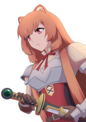  1girl animal_ear_fluff animal_ears arm_cuffs armor belt black_dress breastplate brown_belt brown_gloves brown_hair commentary dress gloves hand_on_hilt highres keints long_hair looking_at_viewer md5_mismatch multicolored_dress neck_ribbon pauldrons pink_eyes raccoon_ears raccoon_girl raphtalia red_dress red_ribbon revision ribbon sheath shoulder_armor simple_background single_pauldron solo sword tate_no_yuusha_no_nariagari unsheathing weapon white_background white_dress 
