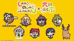  6+girls :< :3 @_@ ahoge animal antenna_hair antlers aqua_neckerchief artist_name bashame_meme bkub black_socks blonde_hair blue_hair blue_sailor_collar blue_skirt blush blush_stickers bowl brown_cardigan brown_eyes brown_hair brown_shoes cardigan chibi chibi_only chopsticks closed_mouth commentary_request cone_hair_bun copyright_logo copyright_notice crying crying_with_eyes_open deer deer_antlers deer_girl dot_nose double_bun eating food food_on_face frown full-face_blush full_body green_eyes green_hair green_neckerchief grey_sweater hair_between_eyes hair_bun hair_flaps hair_ornament hairclip highres hino_minami_high_school_uniform holding holding_bowl holding_chopsticks holding_kunai holding_weapon horns koshi_anko_(shikanoko) koshi_torako kunai logo long_hair long_sleeves low_twintails multiple_girls neckerchief nekoyamada_neko official_art open_cardigan open_clothes open_mouth parallel_hairclips pink_cardigan plant_hair purple_hair red_eyes red_hair rice sailor_collar school_uniform serafuku shikanoko_noko shikanoko_nokonoko_koshitantan shirt shoes short_eyebrows short_hair simple_background skirt sleeves_past_fingers sleeves_past_wrists small_sweatdrop smile socks streaming_tears sweater tanukikouji_kinu tears thick_eyebrows tsubameya_chiharu twintails v-shaped_eyebrows violet_eyes weapon white_shirt white_socks yellow_background yellow_eyes yellow_neckerchief 