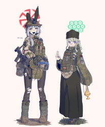  2girls absurdres animal_ears assault_rifle b1-517 black_sun_(symbol) black_thighhighs bullpup camouflage chaplain cross foregrip full_body glasses gun headset helmet highres holding holding_unworn_helmet incense_burner katzion kolovrat_(symbol) load_bearing_vest military_combat_uniform military_uniform multiple_girls open_mouth original orthodox_cross ponytail purity_seal rabbit_ears red_eyes rifle scar scar_across_eye scar_on_face sidelocks suppressor symbol_request thigh-highs torn_clothes torn_thighhighs unworn_headwear unworn_helmet v weapon weapon_request white_background zayka_(b1-517) 