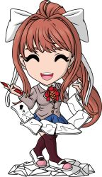  1girl ^_^ artist_request blazer blue_skirt brown_hair brown_thighhighs closed_eyes collared_shirt commentary doki_doki_literature_club doki_doki_literature_club_school_uniform english_commentary envelope eyelashes full_body grey_jacket hair_intakes hair_ribbon holding holding_paper holding_pen inkblot jacket long_hair long_sleeves merchandise_available monika_(doki_doki_literature_club) neck_ribbon no_nose official_art open_mouth orange_sweater_vest paper pen ponytail red_ribbon ribbon school_uniform second-party_source shirt shoes sidelocks skirt smile solo standing sweater_vest teeth thigh-highs transparent_background upper_teeth_only white_ribbon white_shirt white_shoes youtooz 