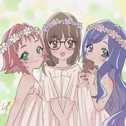  3girls :d bare_arms bare_shoulders blue_eyes blue_hair brown_eyes brown_hair commentary dress flower_wreath glasses green_eyes head_wreath iin_chiyo kimi_no_koto_ga_dai_dai_dai_dai_daisuki_na_100-nin_no_kanojo light_blush long_hair looking_at_viewer medium_hair multiple_girls open_mouth red_hair short_hair short_sleeves signature sleeveless sleeveless_dress smile sundress syuuka617 v_arms white_dress yakuzen_kusuri yoshimoto_shizuka 