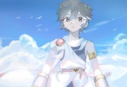  1boy armlet belt blue_sky bracer brown_belt closed_mouth gold_armlet jewelry kid_icarus kid_icarus_uprising laurel_crown male_focus pale_skin pit_(kid_icarus) short_hair single_bare_shoulder sky solo undershirt upper_body yuuri_snpr 