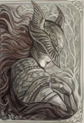  1girl absurdres arm_up border branch cape covered_eyes elden_ring floating_hair flower from_side helmet helmet_over_eyes highres long_hair malenia_blade_of_miquella mechanical_arms ornate_border pale_skin portrait prosthesis prosthetic_arm qwt00tt red_cape red_hair sepia single_mechanical_arm solo winged_helmet 