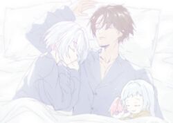  1boy 2girls alternate_costume arm_up blanket brown_hair closed_eyes collarbone commentary_request doro_(nikke) eungking_(tog2029) facial_hair goddess_of_victory:_nikke highres korean_commentary liliweiss_(nikke) long_sleeves mixed-language_commentary multiple_girls muted_color o3o on_bed pajamas pale_color pill pink_hair sleeping smile stubble the_legendary_commander_(nikke) white_hair 