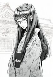  1girl aquaberrymarine black_hair blunt_bangs commentary_request floral_print floral_print_kimono glasses highres japanese_clothes kimono long_hair monochrome nose original print_kimono smile temple 