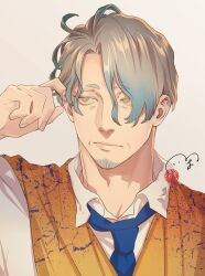  1boy blue_hair blue_necktie closed_mouth collared_shirt facial_hair fate/grand_order fate_(series) goatee_stubble gradient_hair grey_hair hand_in_own_hair highres katsu_kaishuu_(fate) male_focus mature_male multicolored_hair necktie old old_man orange_robe portrait robe shirt simple_background solo stubble suzuki_tsuta white_background white_shirt 