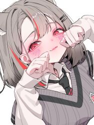  1girl absurdres blush closed_mouth collared_shirt daimi_94 double-parted_bangs fang grey_hair grey_sweater_vest hands_up hashtag-only_commentary highres long_sleeves looking_at_viewer neneko_mashiro paw_pose red_eyes shirt short_hair simple_background skin_fang solo stellive sweater_vest tongue tongue_out upper_body virtual_youtuber whiskers white_background white_shirt wing_collar 