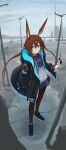  1girl absurdres amiya_(arknights) animal_ears arknights arm_at_side bangs black_coat blue_skirt brown_hair brown_legwear closed_mouth coat full_body grey_shirt highres hooded_coat jaws_(okdol0928) jewelry long_hair long_sleeves miniskirt multiple_rings open_clothes open_coat originium_arts_(arknights) outdoors pantyhose rabbit_ears ring shirt shoes skirt solo standing unfinished 