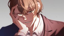  1boy absurdres brown_hair commentary_request earrings grey_background grey_jacket grin hand_on_own_face highres jacket jewelry kagami_hayato looking_at_viewer magurosamm male_focus multiple_earrings nijisanji shirt short_hair simple_background smile solo upper_body virtual_youtuber white_shirt 