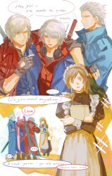  ... 1girl 3boys ? black_gloves blue_coat brown_hair chinese_commentary claymore_(sword) coat collared_coat commentary_request confused couple dante_(devil_may_cry) devil_may_cry_(series) dress english_text father_and_son fingerless_gloves from_side gloves grey_hair hair_between_eyes hair_slicked_back headphones high_ponytail highres holding holding_paper kyrie_(devil_may_cry) long_sleeves maid multiple_boys nero_(devil_may_cry) paper ponytail puffy_long_sleeves puffy_sleeves red_coat shade speech_bubble swept_bangs translated uncle_and_nephew upper_body vergil_(devil_may_cry) waltherp38 weapon white_hair 