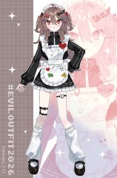  1girl :< ahoge alternate_costume alternate_hairstyle apron artist_name ben-day_dots black_jacket black_nails black_shoes black_skirt blush broken_heart brown_hair buttons character_name closed_mouth demon_horns double-parted_bangs enmaided evil_neuro-sama fishnet_thighhighs fishnets frilled_apron frilled_skirt frills grid_background hair_between_eyes hair_bobbles hair_intakes hair_ornament hairclip hairpin hand_on_own_hip hashtag heart highres horns jacket jersey_maid legwear_garter long_hair long_sleeves looking_at_viewer loose_socks maid maid_apron maid_headdress mary_janes mfuyu_123 miniskirt name_tag parallel_hairclips pleated_skirt red_eyes screentones shoes skirt socks solo sparkle standing thigh-highs thigh_strap track_jacket unconventional_maid vedal_ai white_apron white_socks zoom_layer 