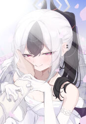  1boy 1girl absurdres bare_shoulders black_hair black_horns blue_archive bride bright_pupils closed_mouth commentary_request crying crying_with_eyes_open demon_horns demon_wings dokuwachichi dress earclip elbow_gloves gloves grey_halo halo hand_on_another's_cheek hand_on_another's_face hands_on_another's_arm happy_tears highres horns jewelry kayoko_(blue_archive) long_hair looking_at_viewer low_wings multicolored_hair ponytail pov pov_hands red_eyes ring single_wing smile strapless strapless_dress sunlight tears two-tone_hair wedding_dress wedding_ring white_dress white_gloves white_hair white_pupils wings 
