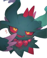  animal_focus bad_id bad_pixiv_id bead_necklace beads butter_(oshi8kyoumoh) colored_sclera commentary fang half-closed_eyes hand_to_own_mouth happy jewelry looking_at_viewer necklace no_humans notice_lines open_mouth pokemon pokemon_(creature) red_sclera simple_background skin_fang slither_wing smile solo uneven_eyes white_background yellow_eyes 