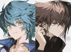  2boys black_shirt blue_hair brown_eyes brown_hair closed_mouth cocaduel earrings green_eyes highres jewelry johan_andersen male_focus medium_hair multiple_boys shirt simple_background smile upper_body white_background yu-gi-oh! yu-gi-oh!_gx yuki_judai 