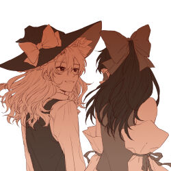 2girls bow braid chinese_commentary commentary_request detached_sleeves facing_away from_behind hair_bow hakurei_reimu hat hat_bow hitte5416 kirisame_marisa long_hair long_sleeves looking_at_another monochrome multiple_girls orange_theme side_braid simple_background single_braid smile touhou vest white_background witch_hat 