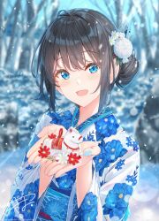  1girl blue_eyes blue_kimono blue_necktie blurry blurry_background blush choppy_bangs commentary_request day depth_of_field fingernails floral_print floral_print_kimono flower hair_bun hair_ornament hands_up highres holding holding_toy japanese_clothes kanzashi kimono na_kyo nail_polish necktie new_year open_mouth original outdoors print_kimono signature single_hair_bun smile snowing solo speech_bubble toy two-tone_kimono upper_body white_flower 