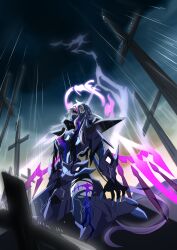  1boy absurdres armor bleeding blood blue_sky breastplate ceruledge closed_eyes cross crying depressed energy english_commentary evening facing_to_the_side gauntlets highres hitodama injury kneeling leaning_back leg_armor long_hair looking_up male_focus mourning on_ground open_mouth outdoors overcast pauldrons personification pokemon purple_armor purple_hair rain shoulder_armor sky smoke stitched_leg stitches streaming_tears sufferay sunset tears 