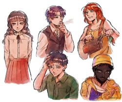  2girls 3boys abella_(fear_&amp;_hunger) african_clothes arms_behind_back artist_name bare_arms bare_shoulders black_hair black_ribbon black_vest brown_hair brown_tank_top cigarette circular_saw clenched_teeth closed_mouth collared_shirt commentary cropped_legs cropped_torso daan_(fear_&amp;_hunger) dark-skinned_male dark_skin english_commentary facial_hair fear_&amp;_hunger_(series) fear_&amp;_hunger_2:_termina frilled_shirt_collar frills green_jumpsuit hand_on_own_head hat highres holding jumpsuit levi_(fear_&amp;_hunger) long_hair long_sleeves looking_at_viewer marina_(fear_&amp;_hunger) multiple_boys multiple_girls mustache neck_ribbon newwyuu o'saa_(fear_&amp;_hunger) overalls purple_hair red_hair ribbon saw shirt short_hair simple_background smile smoking tank_top teeth vest white_background white_shirt yellow_hat yellow_overalls 