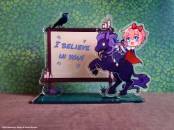  1girl :d acrylic_stand_(medium) alternate_costume artist_request belt bird blue_eyes blush bow brown_belt brown_shoes candle chibi chibi_only commentary company_name copyright_notice doki_doki_literature_club english_commentary english_text eyelashes fire flower full_body grass hair_bow headless_horseman highres holding holding_detached_head horse horseback_riding merchandise_available official_art open_mouth photo_(medium) pink_hair purple_skirt purple_vest rearing red_bow red_flower riding rock saddle sash sayori_(doki_doki_literature_club) second-party_source shirt shoes short_hair sitting skirt smile socks solo vest white_shirt white_socks whiteboard 