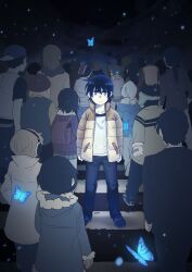 3girls 6+boys absurdres backpack backwards_hat bag beanie blue_butterfly boku_dake_ga_inai_machi bug butterfly closed_mouth commentary crosswalk crowd earmuffs english_commentary expressionless fujinuma_sachiko fujinuma_satoru gloves hair_between_eyes hair_bobbles hair_ornament hat highres hinazuki_kayo hood hood_down jacket katagiri_airi kazu_(boku_dake_ga_inai_machi) kibstar kobayashi_kenya long_sleeves multiple_boys multiple_girls nakanishi_aya night osamu_(boku_dake_ga_inai_machi) pants ponytail randoseru shiratori_jun shirt short_hair sugita_hiromi yanagihara_misato yashiro_gaku 
