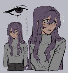  1girl alternate_costume breasts closed_mouth commentary doki_doki_literature_club english_commentary eyelashes flying_sweatdrops grey_background grey_sweater hair_between_eyes hair_ornament hair_over_shoulder hairclip highres long_hair long_sleeves multiple_views purple_hair rayne_(bananabedside) simple_background sweater turtleneck turtleneck_sweater twitter_username yuri_(doki_doki_literature_club) 