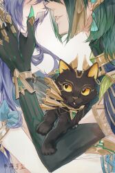  2girls ashru_(genshin_impact) black_cat black_gloves cat commentary earrings elbow_gloves finger_claws genshin_impact gloves green_hair hashtag-only_commentary highres jewelry lauma_(genshin_impact) long_hair multiple_girls nefer_(genshin_impact) parted_lips purple_hair simple_background smile white_background yuri yuujinn 