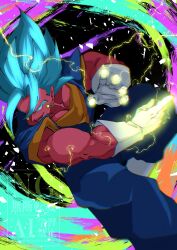  1boy black_background blue_eyes blue_hair blue_pants blue_sash boots dougi dragon_ball dragon_ball_super gloves glowing glowing_eyes highres male_focus medium_hair muscular muscular_male orange_shirt pants parted_lips sash shirt smirk solo spiky_hair stktik09060906 super_saiyan super_saiyan_blue vegetto white_boots white_gloves 