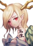  1girl bangs blonde_hair blurry depth_of_field dragon_horns highres horns kicchou_yachie looking_at_viewer parted_lips pointy_ears red_eyes sarashi simple_background solo tattoo touhou upper_body white_background yuka_yukiusa 