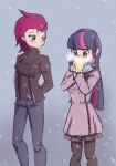  2girls black_jacket breath coat cold denim doodle green_eyes humanization jacket jeans leather leather_jacket leggings long_hair looking_at_another mittens multicolored_hair multiple_girls my_little_pony my_little_pony_friendship_is_magic pants patty-plmh pink_coat pink_hair purple_hair redhead scarf short_hair skirt snowing straight_hair streaked_hair sweater tempest_shadow turtleneck twilight_sparkle winter yuri 