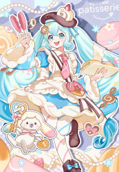  1girl absurdres animal apron aqua_eyes aqua_hair asymmetrical_legwear blue_bow blue_dress blue_eyes blue_hair blue_sleeves blush boots bow bowtie bread brown_boots brown_hat commentary_request dessert detached_sleeves doughnut dress dress_bow food food-themed_clothes food-themed_hat_ornament foot_out_of_frame frilled_apron frills fruit fur-trimmed_dress fur-trimmed_sleeves fur_trim hair_between_eyes hair_ornament hat hat_ornament hatsune_miku highres holding holding_tongs holding_tray kaninoto knee_boots long_hair long_sleeves looking_at_viewer macaron mismatched_legwear necktie official_alternate_costume official_alternate_hairstyle open_mouth pantyhose pink_necktie puffy_sleeves rabbit_yukine short_sleeves smile snowflake_print striped_clothes striped_pantyhose tongs tray twintails two-tone_sleeves very_long_hair vocaloid wavy_hair white_apron yuki_miku yuki_miku_(2026) 