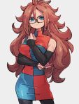  1girl android_21 blue_eyes breasts checkered_clothes checkered_dress closed_mouth dragon_ball dragon_ball_fighterz dress earrings glasses grey_background hoop_earrings jewelry kemachiku looking_at_viewer medium_breasts redhead simple_background solo 