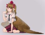  bangs bird_wings black_legwear black_necktie black_skirt brown_hair brown_wings channel_ikihaji checkered_clothes checkered_skirt collared_shirt commentary_request feathered_wings frilled_shirt_collar frills full_body grey_background hair_ribbon hat himekaidou_hatate leg_ribbon long_hair necktie pointy_ears puffy_short_sleeves puffy_sleeves purple_headwear purple_ribbon purple_skirt revision ribbon shirt short_sleeves simple_background skirt socks tokin_hat touhou twintails two-tone_skirt two_side_up white_shirt wings 