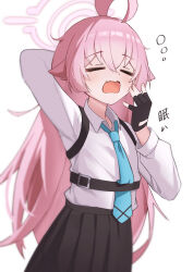  1girl absurdres ahoge arm_behind_head black_gloves black_skirt blue_archive blue_necktie chest_harness chyuukaa0124 closed_eyes collared_shirt commentary fang fingerless_gloves gloves halo hand_to_own_mouth harness highres hoshino_(blue_archive) huge_ahoge long_hair necktie open_mouth pink_hair pink_halo pleated_skirt shirt simple_background skin_fang skirt sleepy solo squeans tears upper_body white_background white_shirt yawning 
