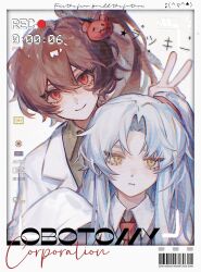  2girls absurdres angela_(project_moon) barcode battery_indicator blue_hair brown_hair carmen_(project_moon) chinese_commentary closed_mouth coat commentary_request copyright_name emoticon expressionless grey_shirt hair_between_eyes hand_up highres kaomoji lab_coat lobotomy_corporation long_hair long_sleeves looking_at_viewer multiple_girls musical_note necktie parted_bangs ponytail project_moon recording red_eyes red_necktie shirt sleeves_past_fingers sleeves_past_wrists smile usamisatori v white_coat yellow_eyes 